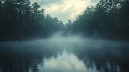 Foggy river tall trees and mist rising from the water perfect for serene nature photography and environmental content