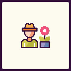 Iconic illustration of a gardener with a flower in a pot, creative design
