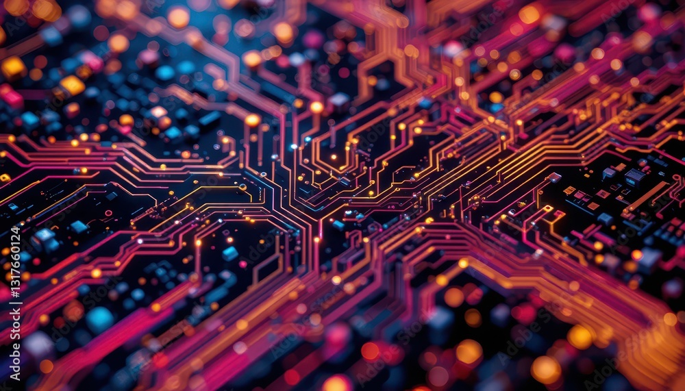 Poster colorful abstract circuit board design with intricate patterns