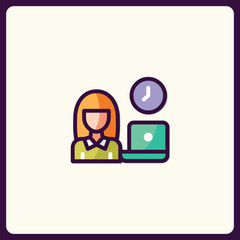 Woman Working on Computer with Clock Above, Vector Illustration Icon