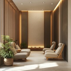 A modern spa relaxation area with comfortable seating and plants