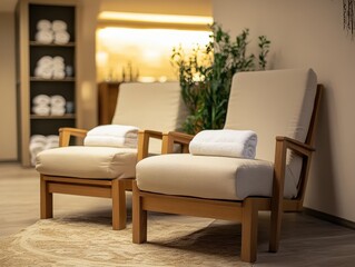 Two cozy wooden armchairs with towels inside a spa room