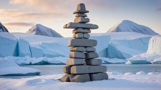inukshuk in the arctic built by an indigenous tribe