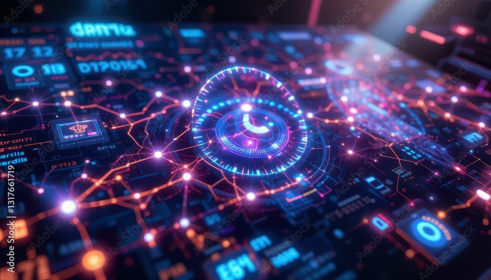 Poster futuristic digital interface with glowing elements and data visualization