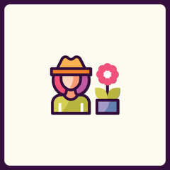 Minimalistic icon depicting a person gardening with a potted flower symbol