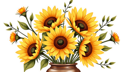 Natural beauty: a bouquet of bright sunflowers on a white background, creating a festive atmosphere