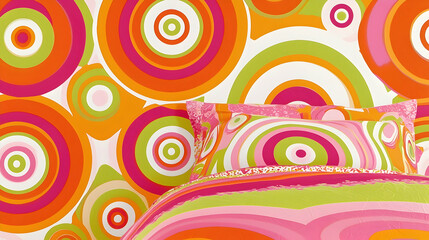 Retro-styled bedroom, colorful circles wallpaper, pink bedding, playful design, ideal for kids' room decor