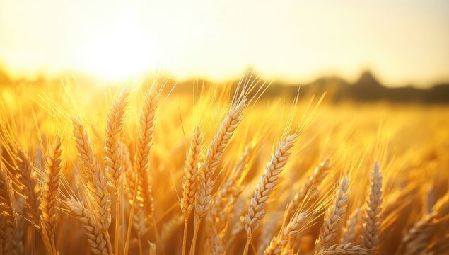 Golden wheat field at sunset, sunlit wheat stalks in a golden field, warm sunlight on wheat, idyllic rural scene, nature background, agricultural landscape, harvest season, golden hour, warm colors