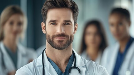 A confident male doctor smiles in a modern healthcare setting, surrounded by colleagues, Ideal for healthcare marketing, medical websites, or articles highlighting professionalism in medicine,