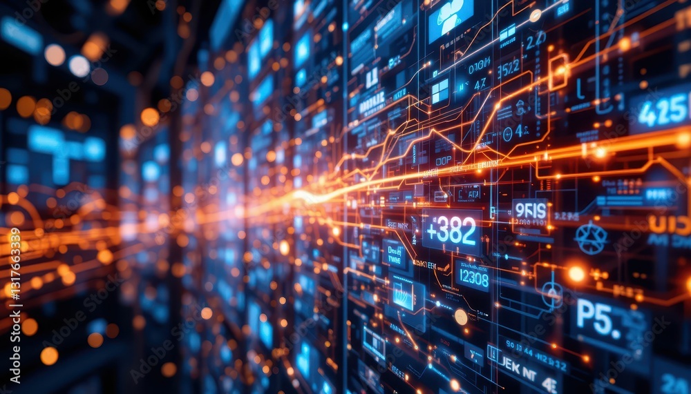 Poster futuristic digital network with bright data streams and visual elements