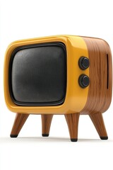 This retro-style television features a vibrant yellow exterior with wooden legs, ideal for vintage-themed designs, advertisements, or interior decor, It evokes nostalgia for classic media experiences