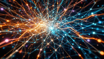 Abstract Network Connections with Bright Blue and Orange Lights