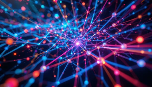 Colorful Abstract Network of Lines and Nodes in Technological Space