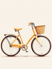 Bright yellow bicycle with a wicker basket designed for casual city rides