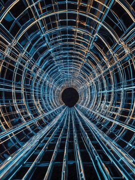 Abstract 3D tunnel in a wireframe design.
