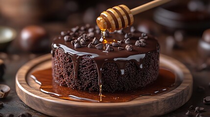 Delicious chocolate cake with honey drizzle and chocolate chips