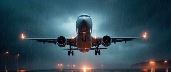 Large Passenger Airplane Taking Off During a Stormy Night with Intense Dramatic Lighting Effects