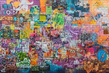 Colorful urban brick wall collage, street art, posters, background texture, design