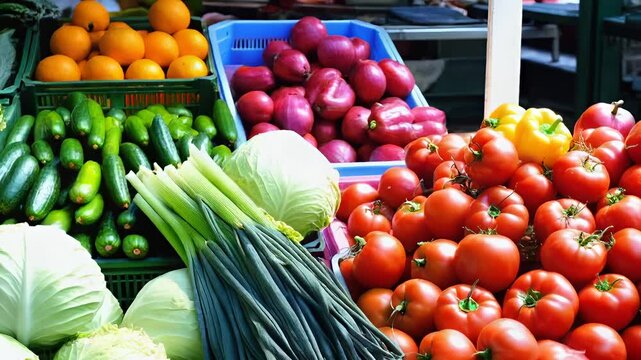 Gem&uuml;se und Obst auf einem Markt bei sch&ouml;nem Wetter