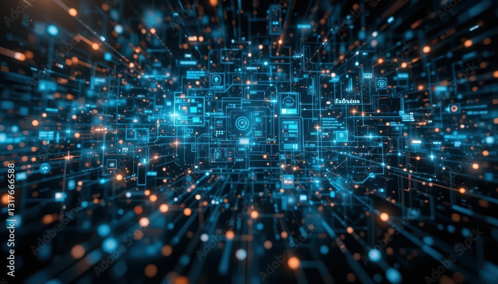 Poster abstract data visualization with glowing connections and networks