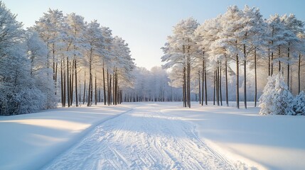 Snow covered forest dawn with soft light filtering through the trees ideal for winter nature and holiday themed content