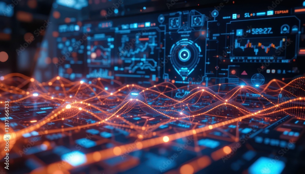 Poster futuristic digital interface with data visualization and analytics