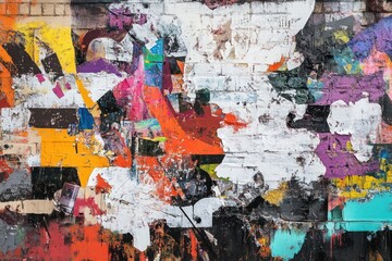 Fototapeta premium Colorful urban wall texture; layered paint, posters; city background; design resource