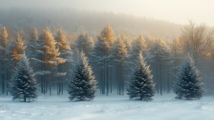 Snow covered forest tall evergreen trees illuminated by soft winter sunlight breaking through the branches