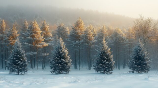 Snow covered forest tall evergreen trees illuminated by soft winter sunlight breaking through the branches - Powered by Adobe
