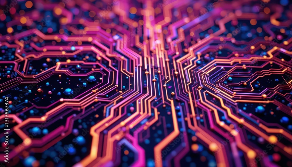 Poster abstract microchip background with colorful circuit patterns