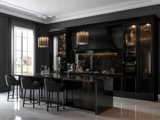 An elegant modern kitchen featuring a black marble island and appliances