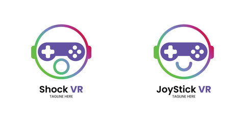 modern logo with combination of VR with game stick with gradient color and player expression. suitable for vr game logo, game developer, and the like