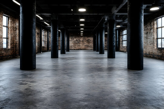 Expansive industrial space featuring polished concrete floor brick walls and numerous dark pillars under bright ceili
