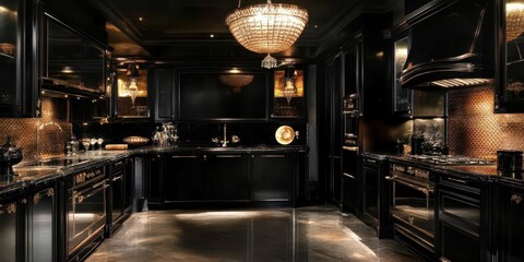Luxurious modern kitchen interior featuring black cabinetry and a chandelier