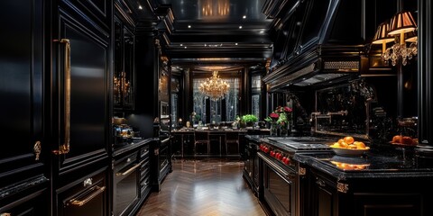 A Luxurious Modern Black Kitchen With Dining Area Included