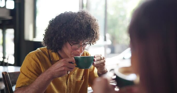 Couple, happy and toast drinks at coffee shop with love, celebration and profile for relationship goals, Man, woman and relax with tea cup, latte or cappuccino in montage for date at restaurant