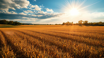 A vast expanse of golden corn fields under a radiant sunny sky with warm sunlight casting long shadows across the landscape, farmland, agriculture. Radiant Shadows. Illustration