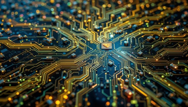 Close-Up of Intricate Circuit Board Design with Golden Patterns
