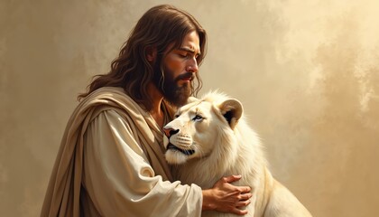 Jesus lovingly embraces a white lion. Religious artwork shows calm, tender moment between Messiah and wild cat. Image shows faith, kindness, compassion, animal protection, spiritual connection.