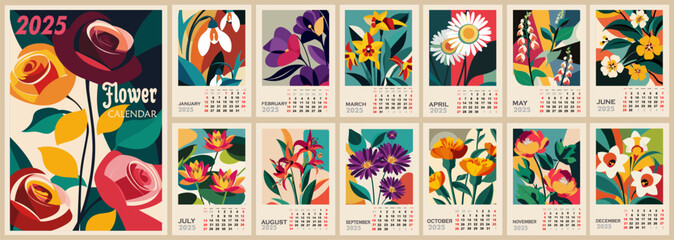 Floral calendar template for 2025 . Vertical design with birth month flowers. Vector illustration page template A3, A2 for printable wall monthly calendar. Week starts on Sunday.