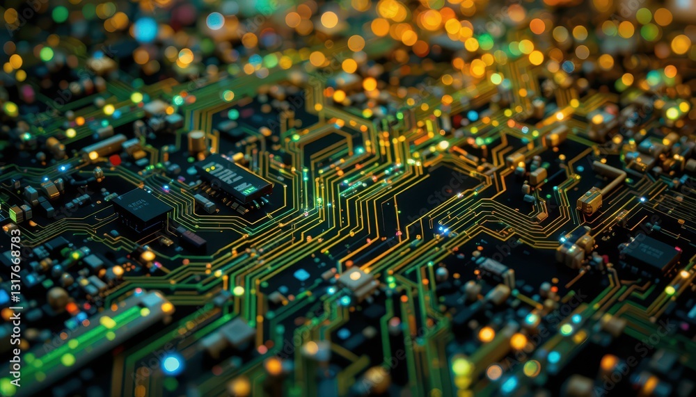 Poster abstract circuit board design with colorful lights and patterns