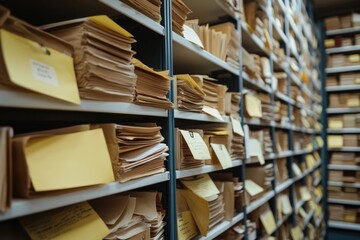 Obraz premium Paper documents stacked in archive. folders with documents on the shelves of archive room. Office shelves in the closet full of files