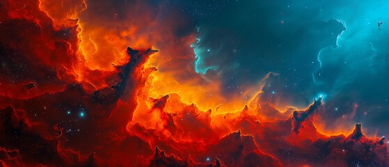 A vibrant nebula swirling with gradient colors, illuminated by distant starlight and sparkling cosmic dust.