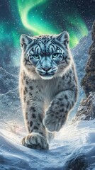 Fototapeta premium Generic animal walking towards the camera in snowy mountains under the aurora borealis