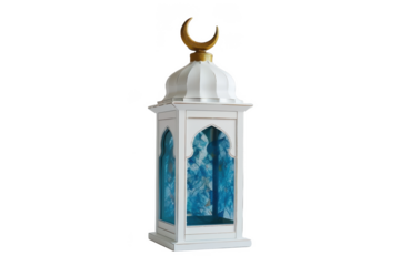 Simple white lantern with blue windows and golden crescent moon for Islamic traditions