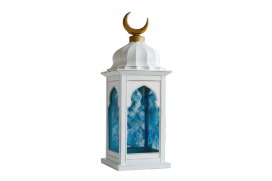 Simple white lantern with blue windows and golden crescent moon for Islamic traditions