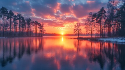 Obraz premium Sunset over calm lake with vibrant sky reflections and trees ideal for nature travel and serenity themes