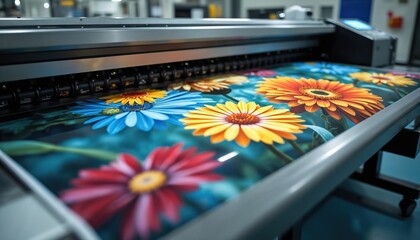 Large digital inkjet printer in production prints vibrant colorful flower images. High speed machine for commercial use in factory. Automated tech equipment for media, advertising, textile industry.