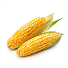 Two ears of corn on the cob with green husks, isolated on a white background studio shot