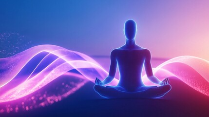 Futuristic digital meditation with glowing energy waves